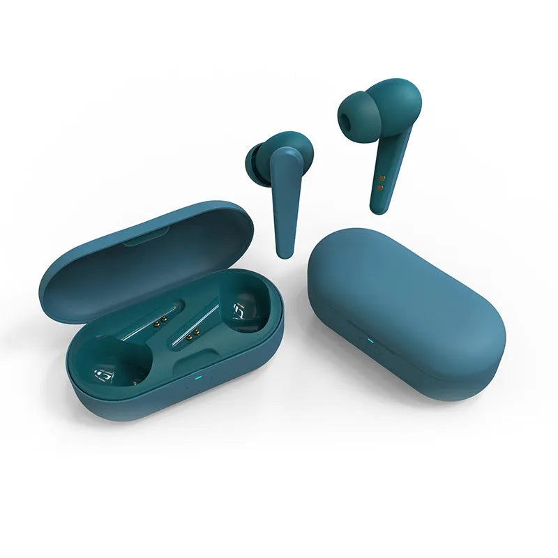 Black ANC active noise cancelling Bluetooth earplug headphones showing earpieces and charging case.