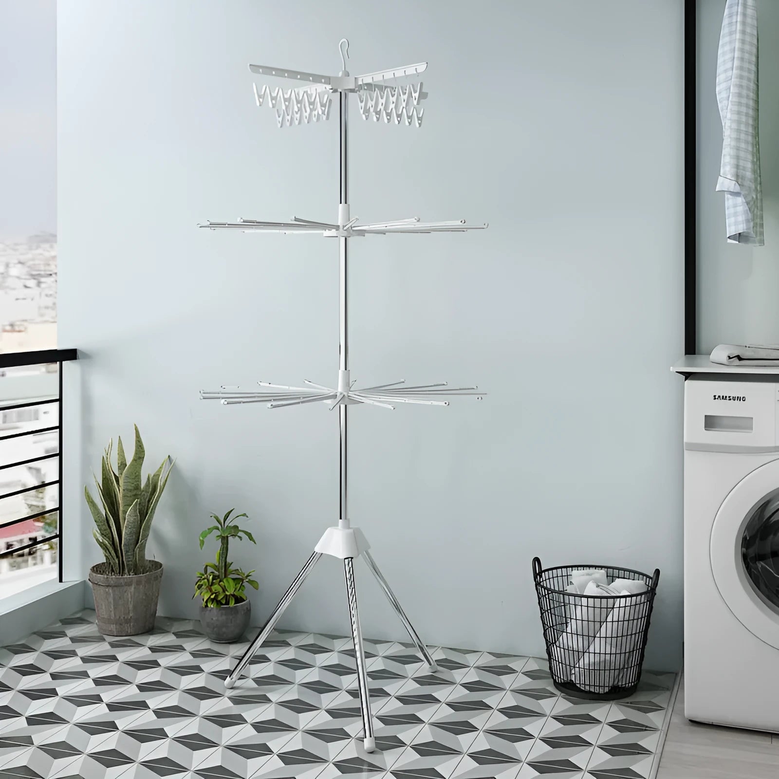 Mobile stainless steel triple-layer drying rack with plastic clips for socks, trousers, and ties