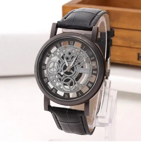 Fashion hollow belt quartz watch for men and women with leather strap, round 40mm dial, glass window, black
