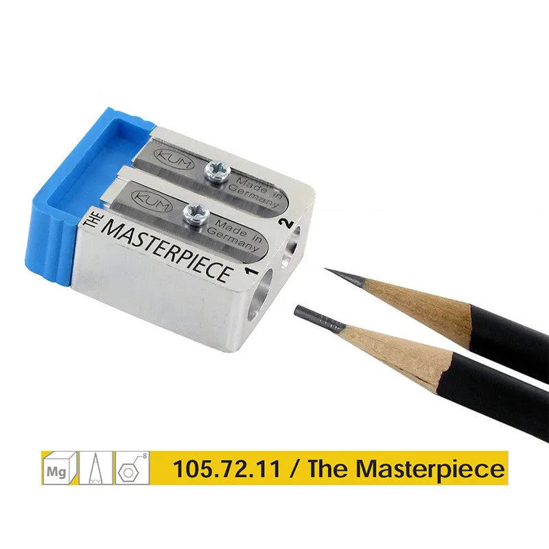 Segmented magnesium metal pencil sharpener with two-step sharpening, blue plastic plug, spare blades and hard plastic box