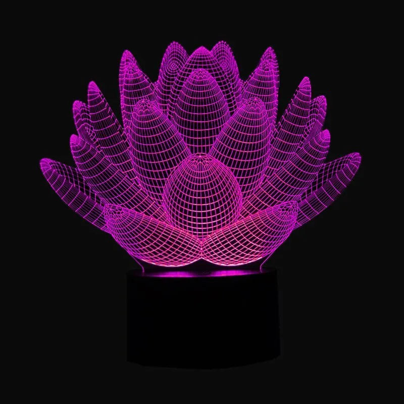 Lotus-shaped night light with acrylic shade and touch controls showing seven colour options