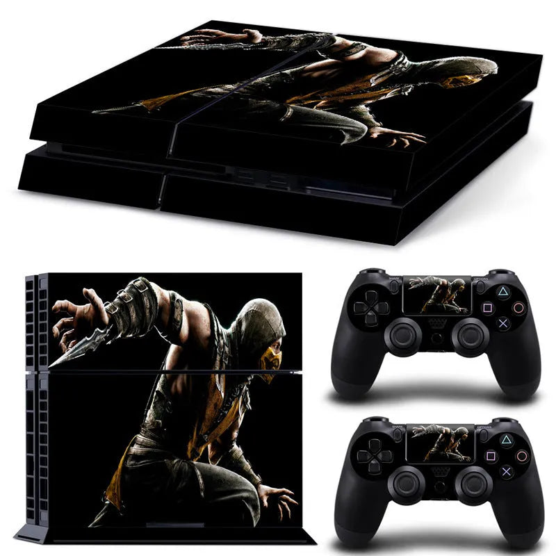 PS4 game console protective film on a console, showing ultra-thin PVC material and high-definition style options.