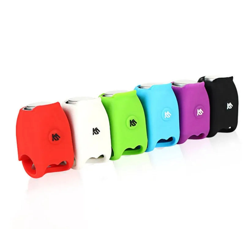 Bicycle electronic bell with silicone mount, 120dB, 6 sound modes, IPX4 waterproof, in violet colour on handlebar
