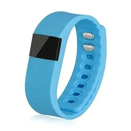 Ordinary wrist-worn pedometer bracelet in black, blue, green, orange, or yellow colours showing step counter display.