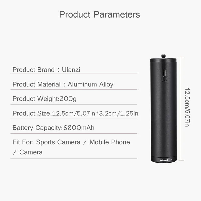 Black aluminium alloy portable power bank handle with 6800mAh capacity.