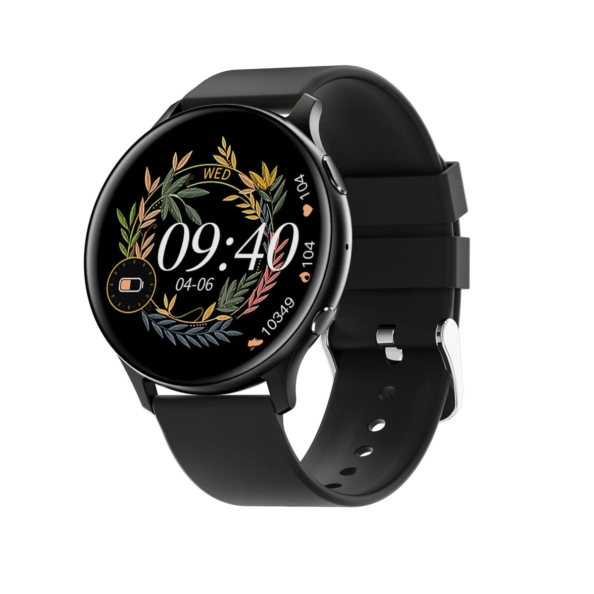 Smart watch with 1.32 inch TFT touchscreen, silicone strap, and Bluetooth call support in black