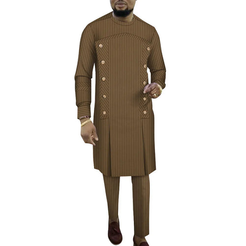African men's striped cotton robe two-piece set showing long sleeve top and matching trousers