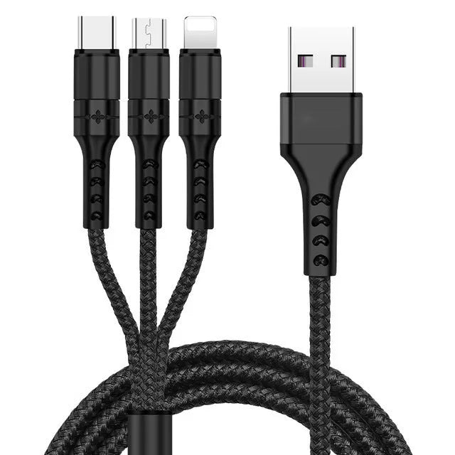 Three-in-one charging cable with nylon braid, aluminium ends, and Android Type-C Apple connectors in red black blue
