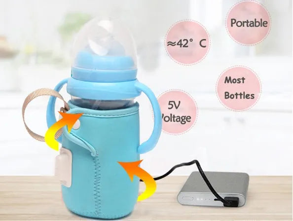 Blue USB-powered baby bottle warmer sleeve on a milk bottle showing USB cable.