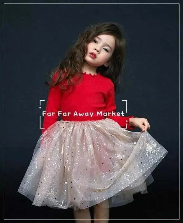 Red cotton children's Christmas dress with long princess sleeves, lace detailing, and bow accents for ages 3-8