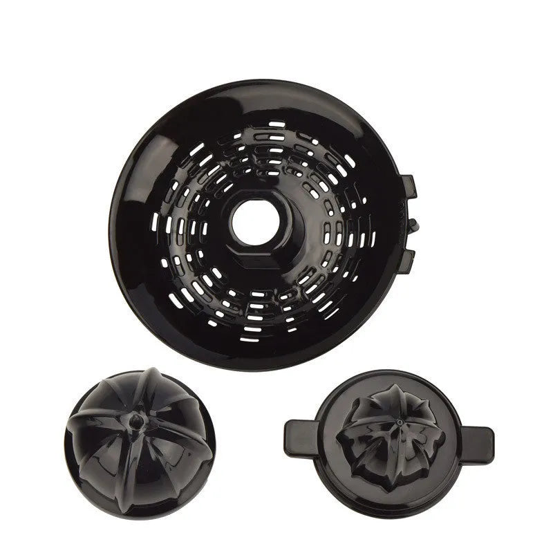 Stainless steel citrus juicer with round feeding port and vertical screw rod mechanism.