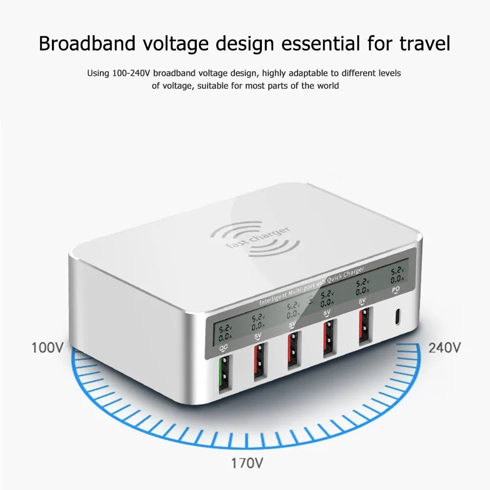 White six-port desktop USB charging station with 5 USB-A and 1 USB-C ports showing QC3.0 fast charge label