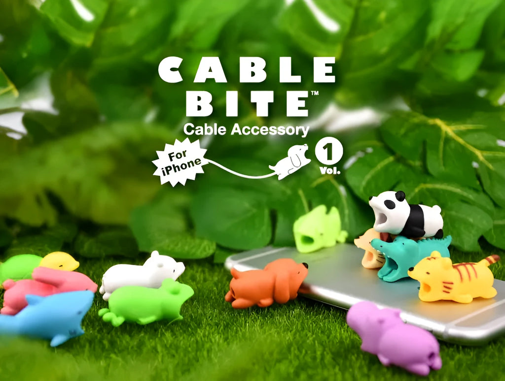 iPhone Lightning cable protector in an animal design, shown on the end of a charging cable.
