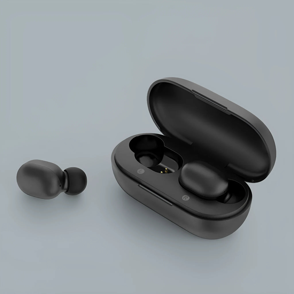 Black true wireless Bluetooth earbuds showing separate left and right units without connecting cables
