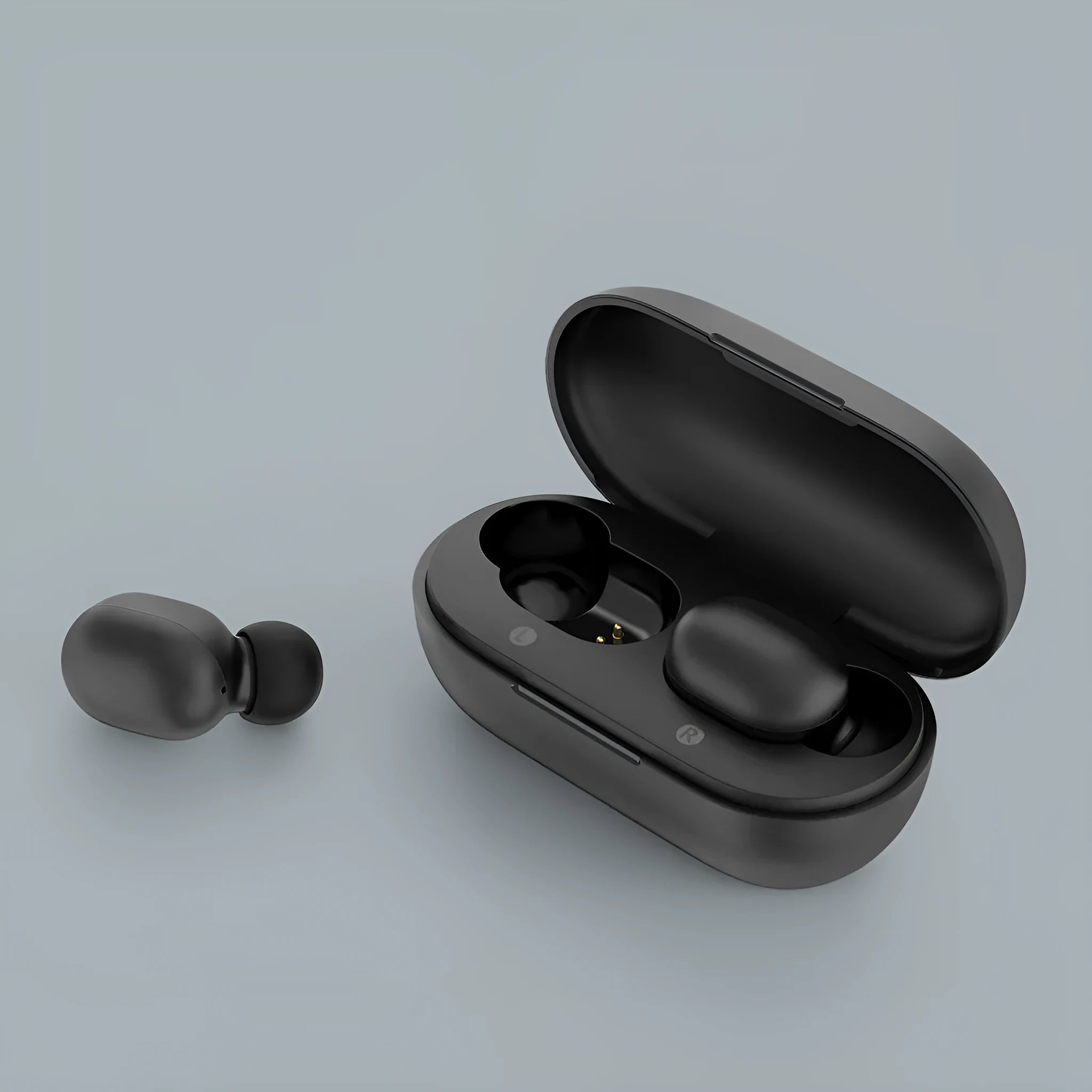 Black true wireless Bluetooth earbuds showing separate left and right units without connecting cables