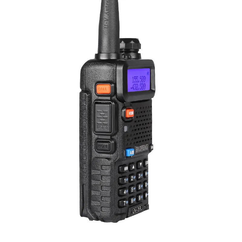 Black handheld walkie talkie with antenna, LCD display, and side buttons.