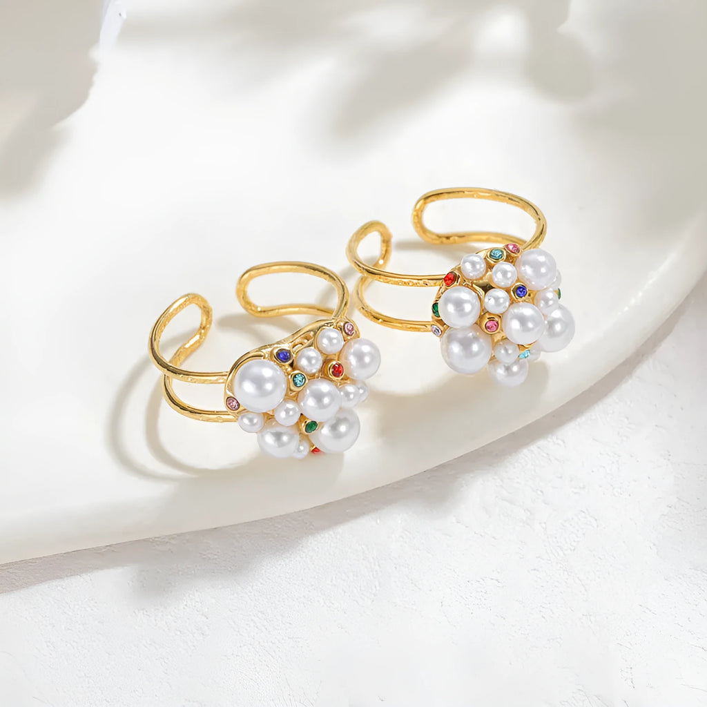Women's stainless steel open ring with pearl decoration and zircon accents in heart shape