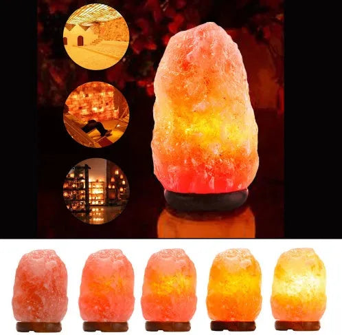 Natural rock salt crystal lamp with warm glow on bedside table, compact 10-11cm diameter