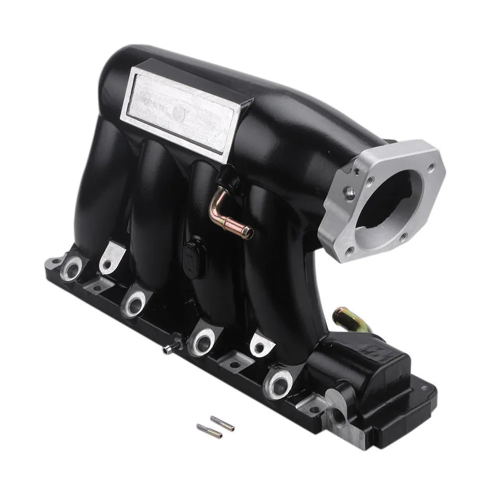 Cast aluminium intake manifold for Honda K series with 72mm throttle body opening, silver or black.