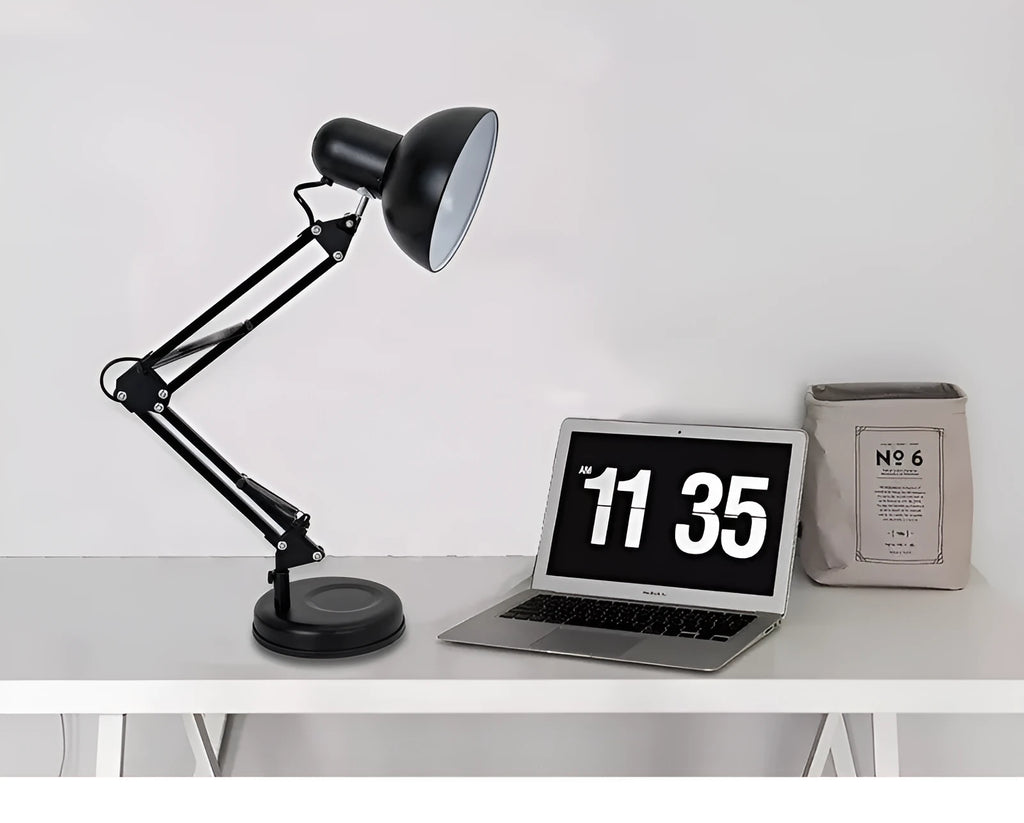 Adjustable long swing arm clip desk lamp in black with iron finish and E27 socket