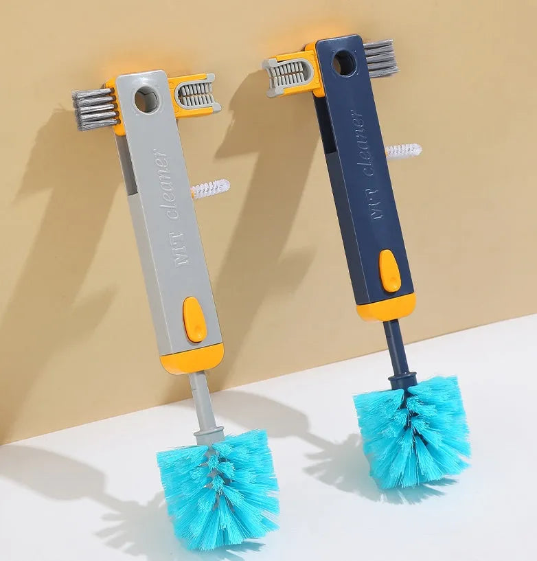 Blue and grey 4-in-1 multifunctional cup cleaning brush set with U-shaped silicone head and gap cleaning tools