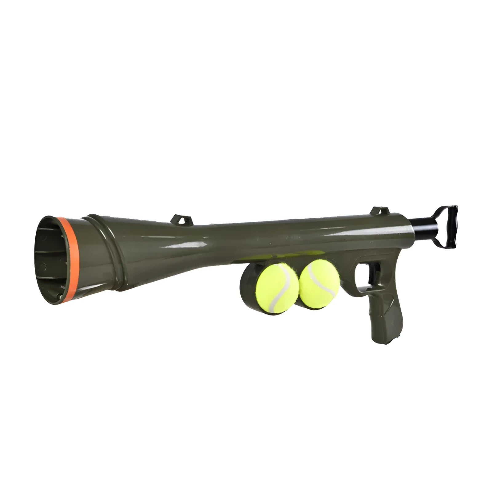 Black ABS plastic tennis ball launcher for dogs with two tennis balls