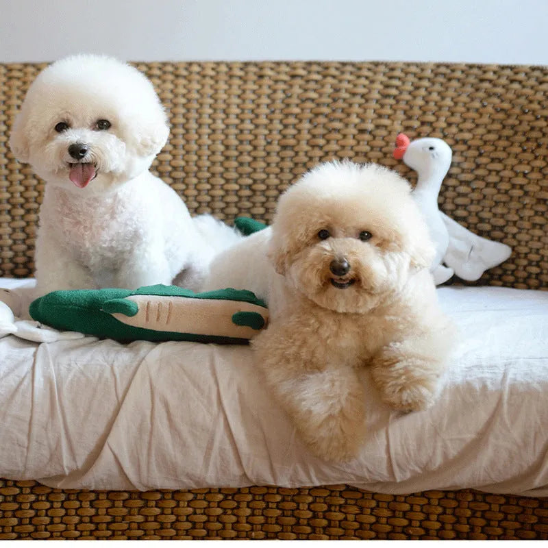 Green plush toy dog measuring 35cm long with soft stuffed animal construction