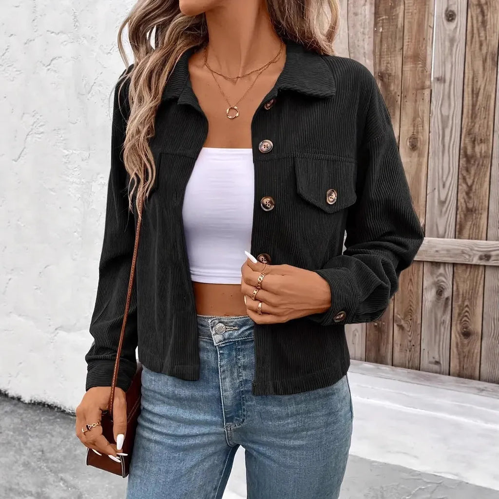 Women's retro style loose fit shirt coat jacket with long sleeves and button front in six colour options