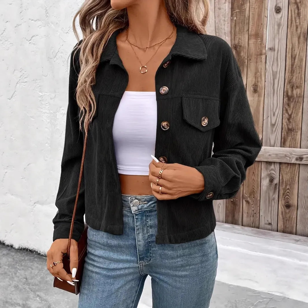 Women's retro style loose fit shirt coat jacket with long sleeves and button front in six colour options