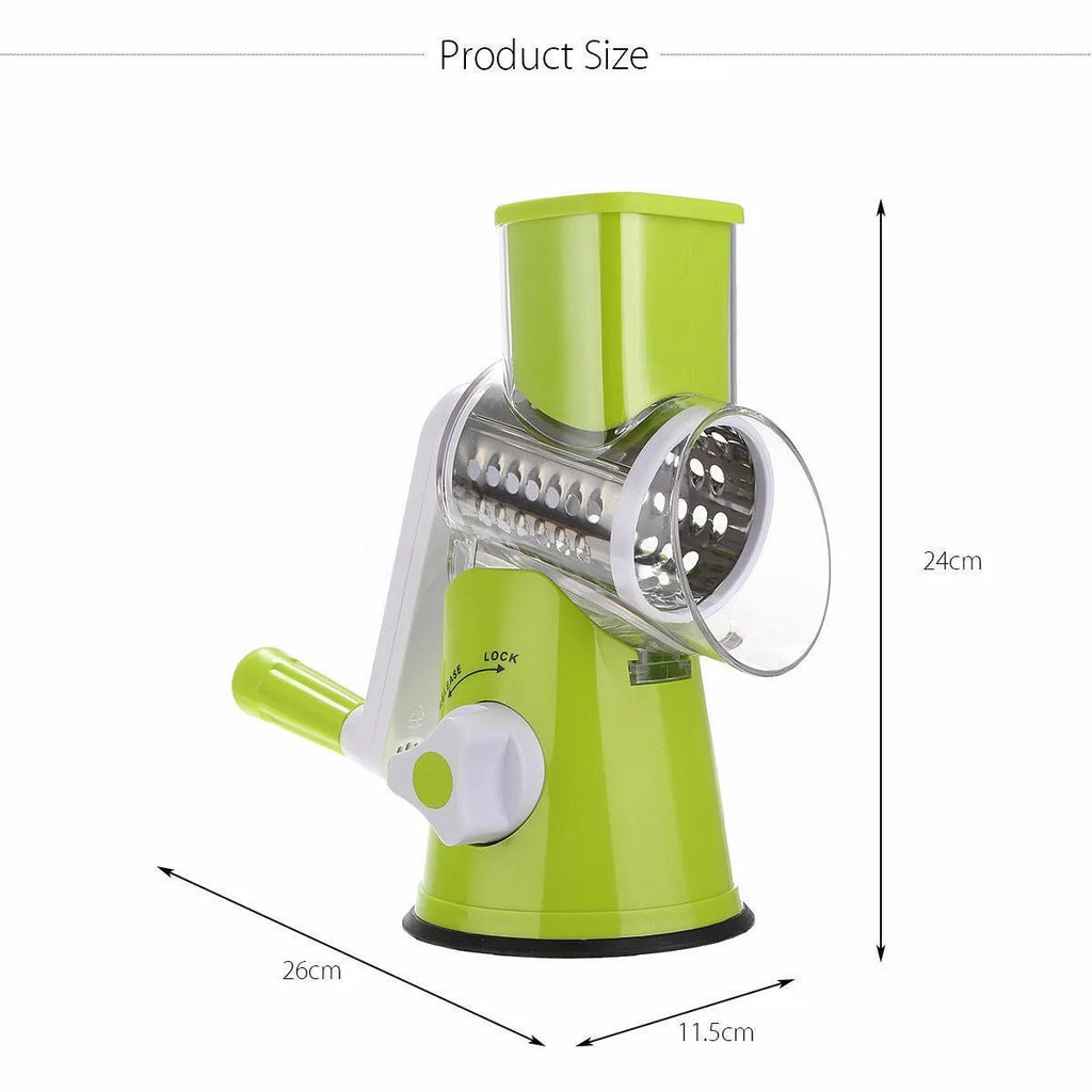 Mandoline vegetable slicer with three stainless steel blades and suction base in blue green, green, or red