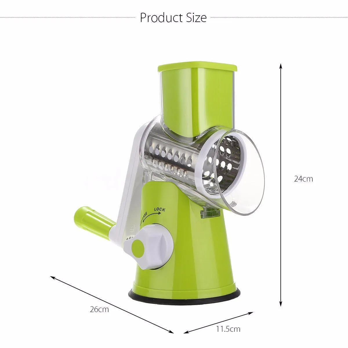 Mandoline vegetable slicer with three stainless steel blades and suction base in blue green, green, or red