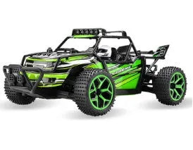 Blue 1:18 scale remote control off-road drift car with 2.4GHz remote on a grey surface.
