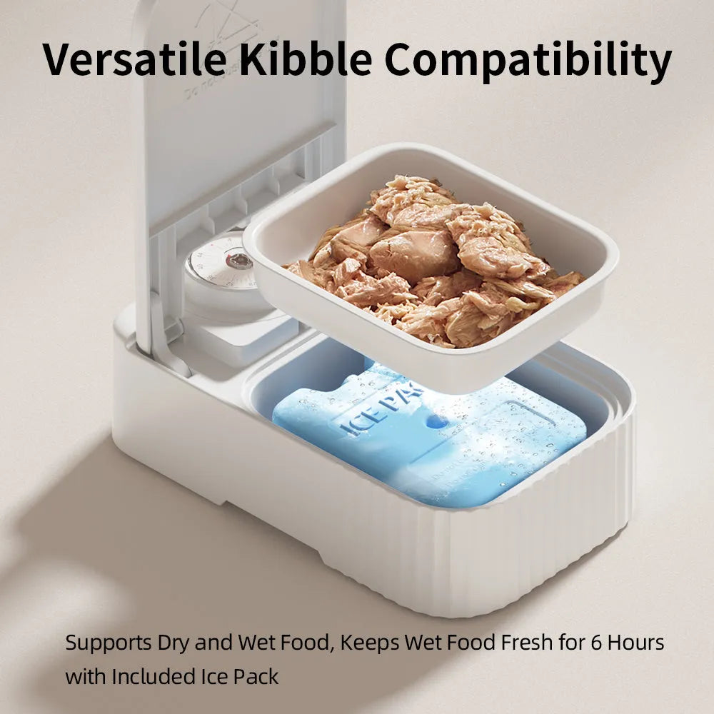 White automatic pet feeder with timer display and removable ice crystal cooling box underneath.