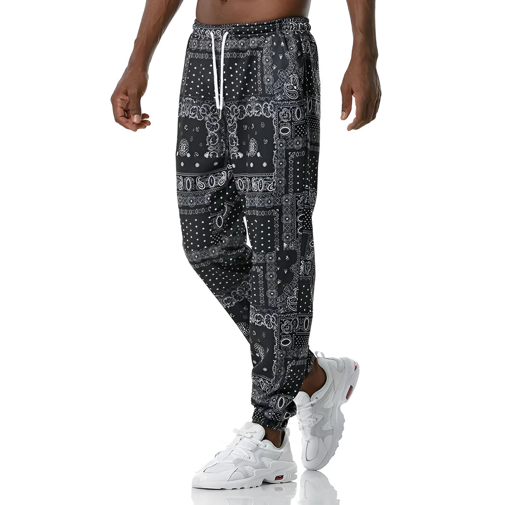 Ethnic printed slacks in Korean straight-leg style with mid-waist rise, no belt, available in sizes S to XXL