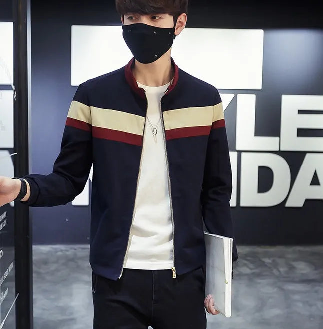 Men's Korean style blue cotton casual jacket with single-breasted collar and colour-matching pattern