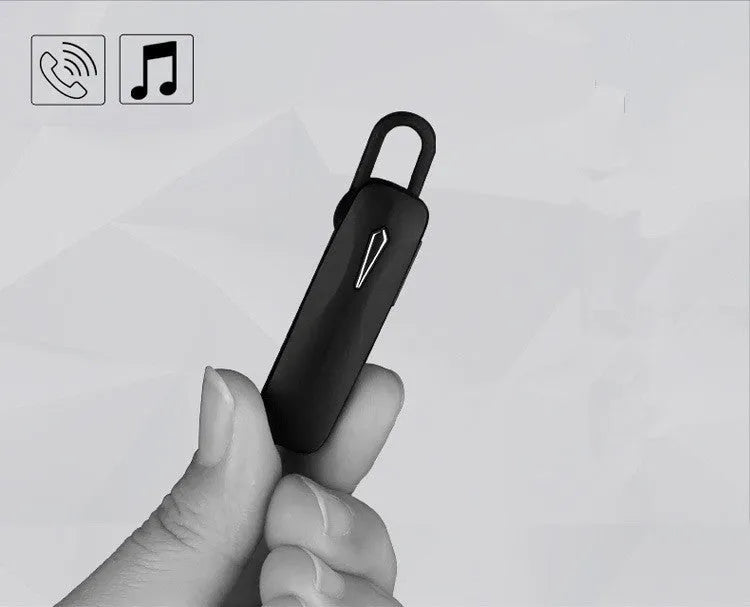 Black and white M163 Bluetooth car headset for hands-free calls and music control.
