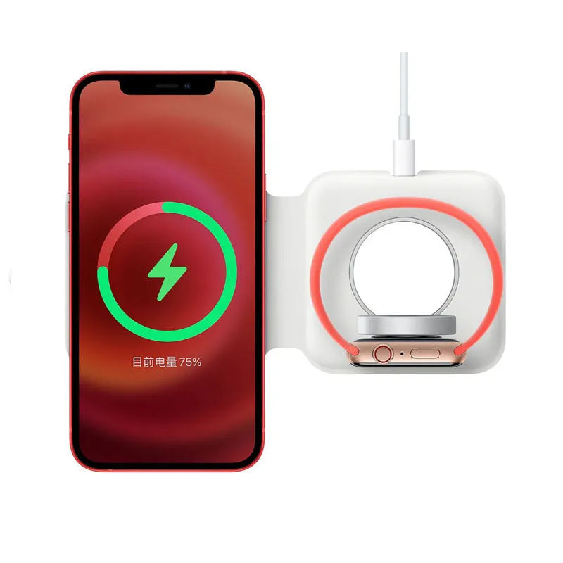 White folding dual wireless charger with 19mm folded thickness, Type-C input, for iPhone and Apple Watch