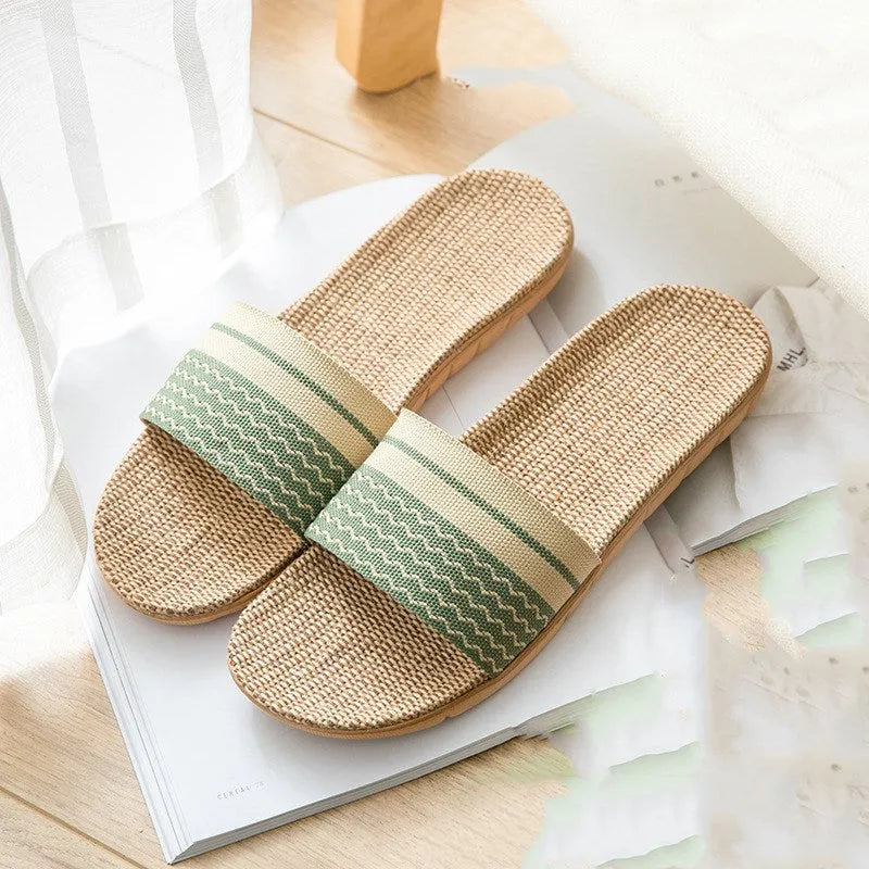 Open toe linen home slippers with EVA sole, 1.5-3.5cm thick, in assorted colours
