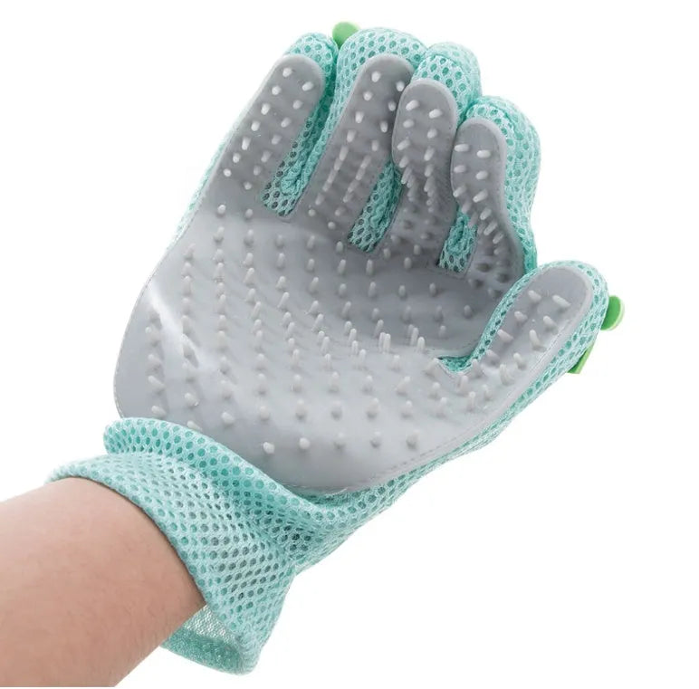Pet hair removal silicone grooming glove for cats and dogs, pink, with elastic wrist and textured palm