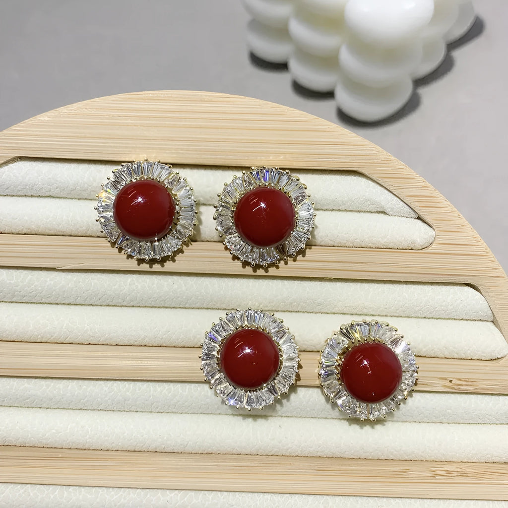 French retro pearl zircon earrings with gold-tone base, white imitation pearl and clear zircon, Style1 drop design.
