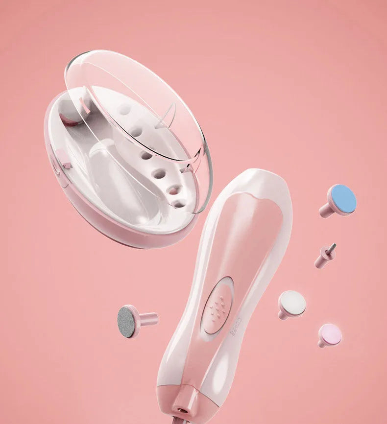 Ultra-quiet electric baby nail polisher pen in pink colour with filing head, for manicuring infant nails.