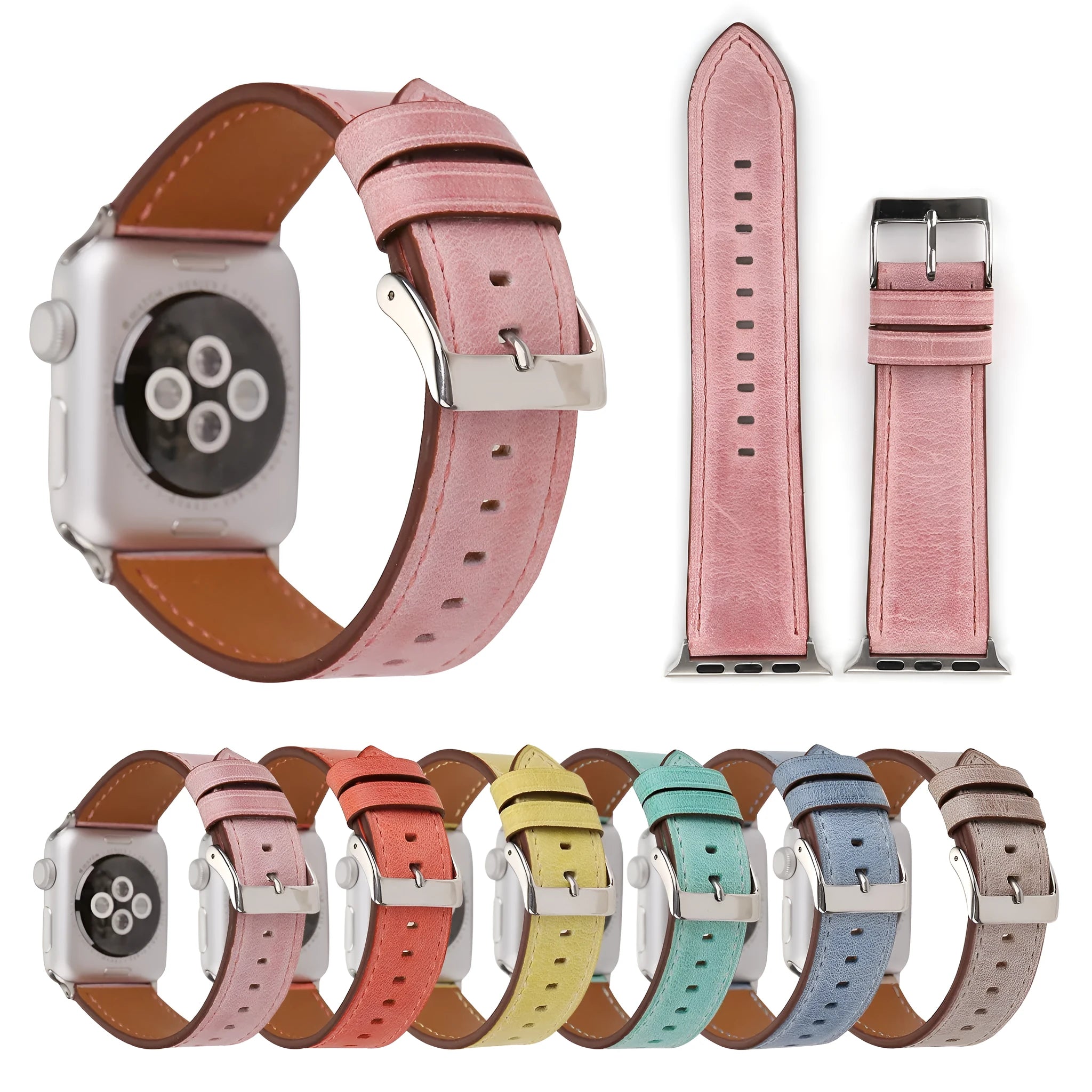 Leather watch strap with a metal folding buckle on a wooden surface.