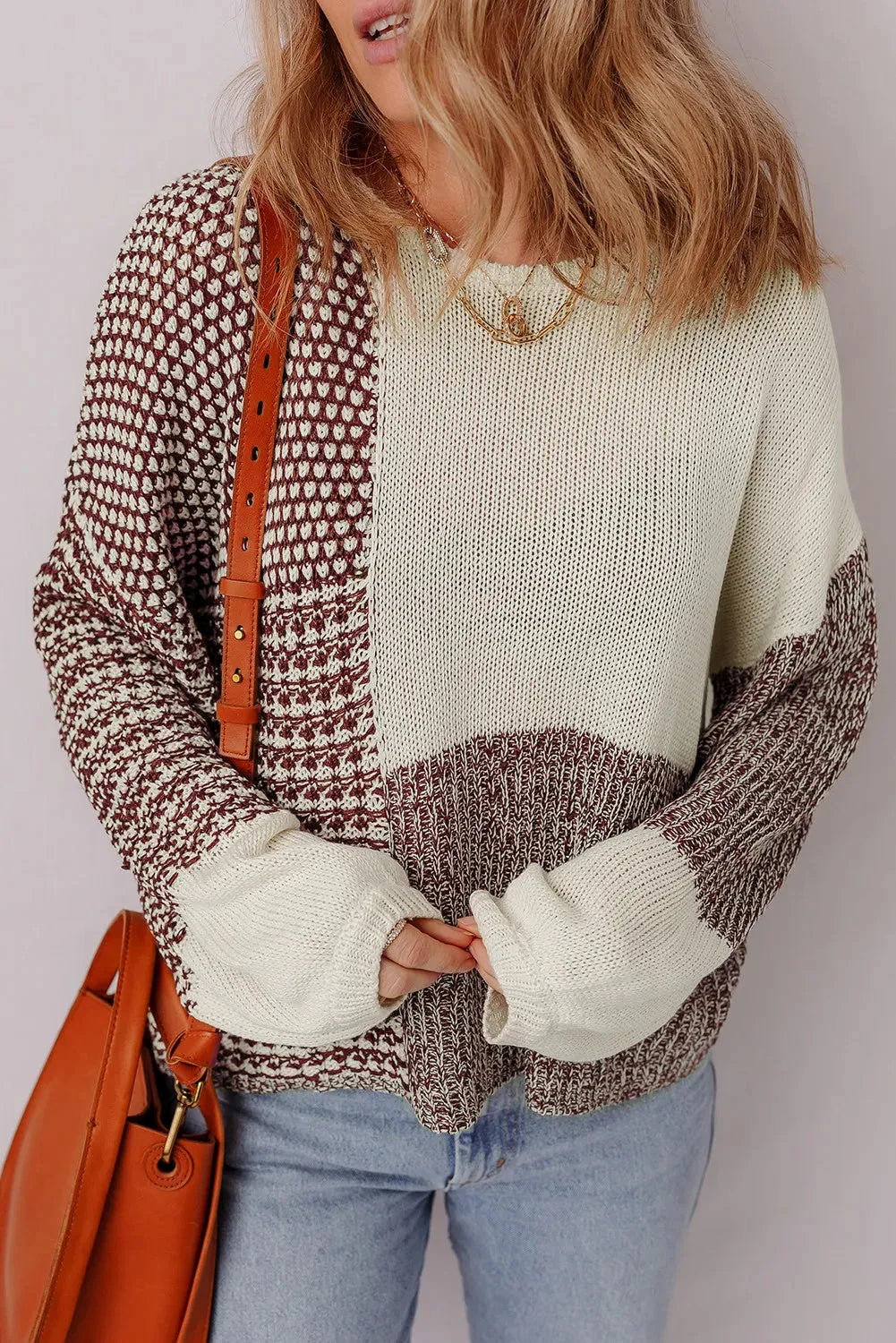 Dark khaki colour block women's sweater with a back tie and drop-shoulder loose fit.