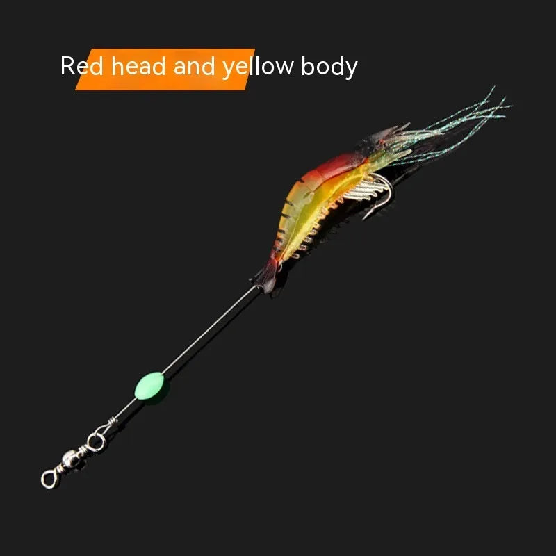 Six soft plastic fishing lures with hooks in various colours including black head yellow body and luminous pink.