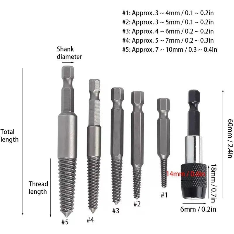 12-piece hexagonal handle screw extractor set in silver metal finish