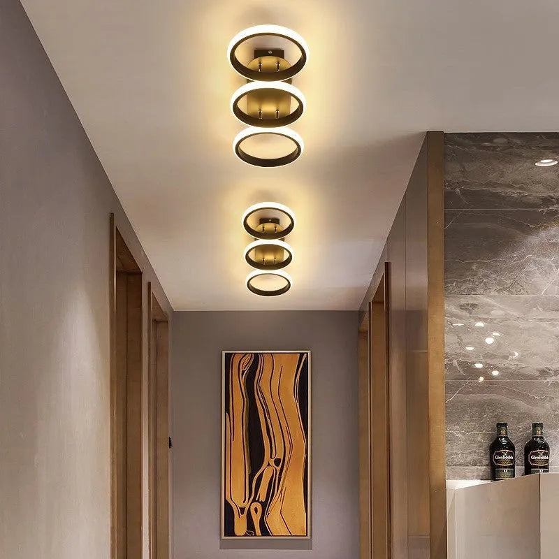 Modern LED ceiling light for hallway corridor with black round shape and white light