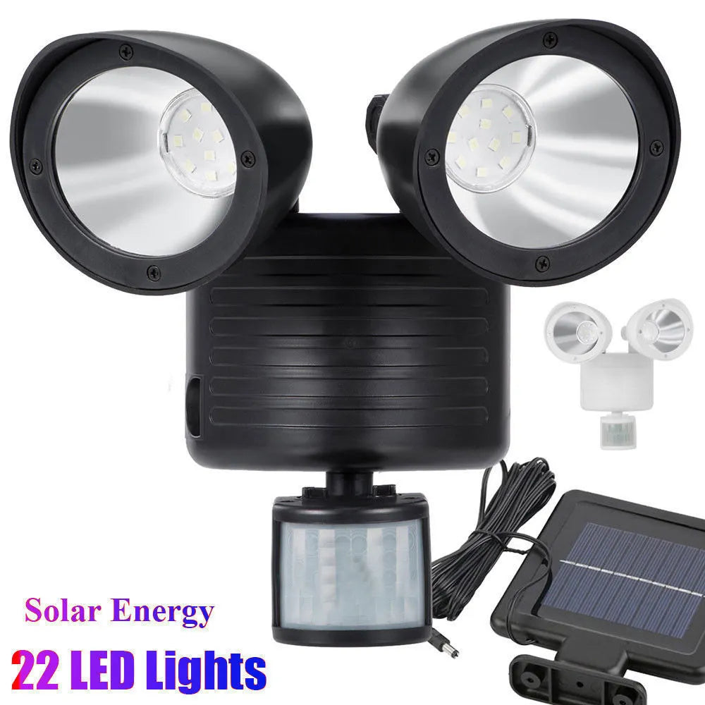 Black and white dual-head solar security spotlight with motion sensor for outdoor wall mounting