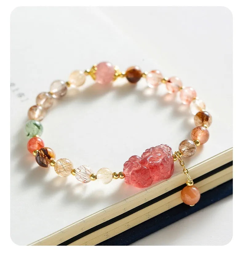 Chinese style strawberry quartz crystal bracelet with copper setting and pearl accents for women