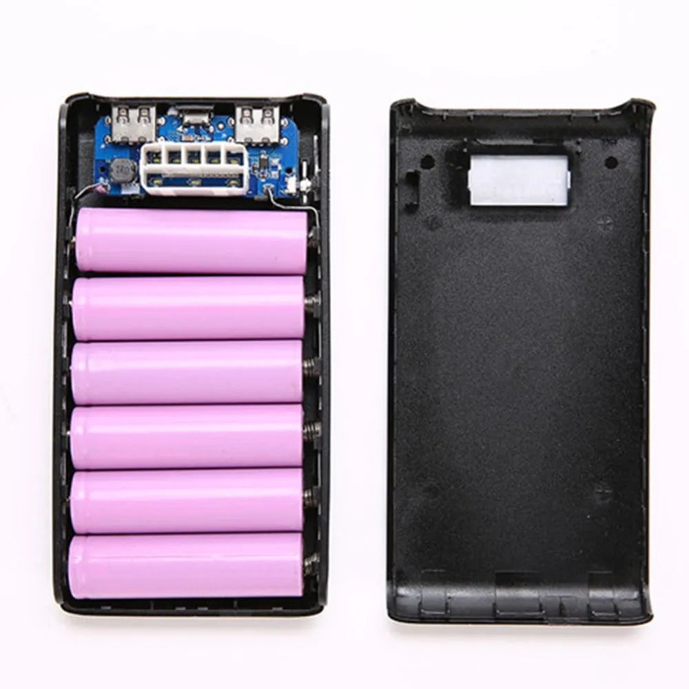 DIY 18650 mobile charging bank case kit showing black enclosure with USB ports for six battery cells