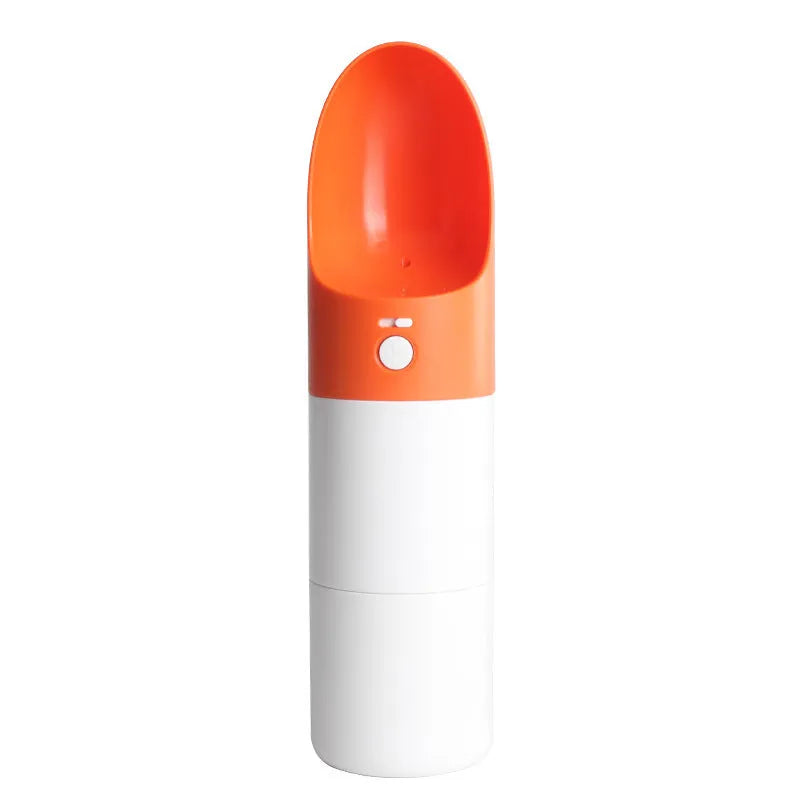 Moestar rocket-shaped pet drinking cup in white with grey accents showing water outlet and lock button